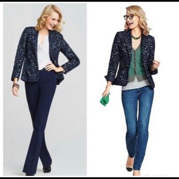 CAbi Jacquard Blazer Navy Blue Wool Blend Flocked Jacket #109 Women’s Size 6 - Picture 11 of 12